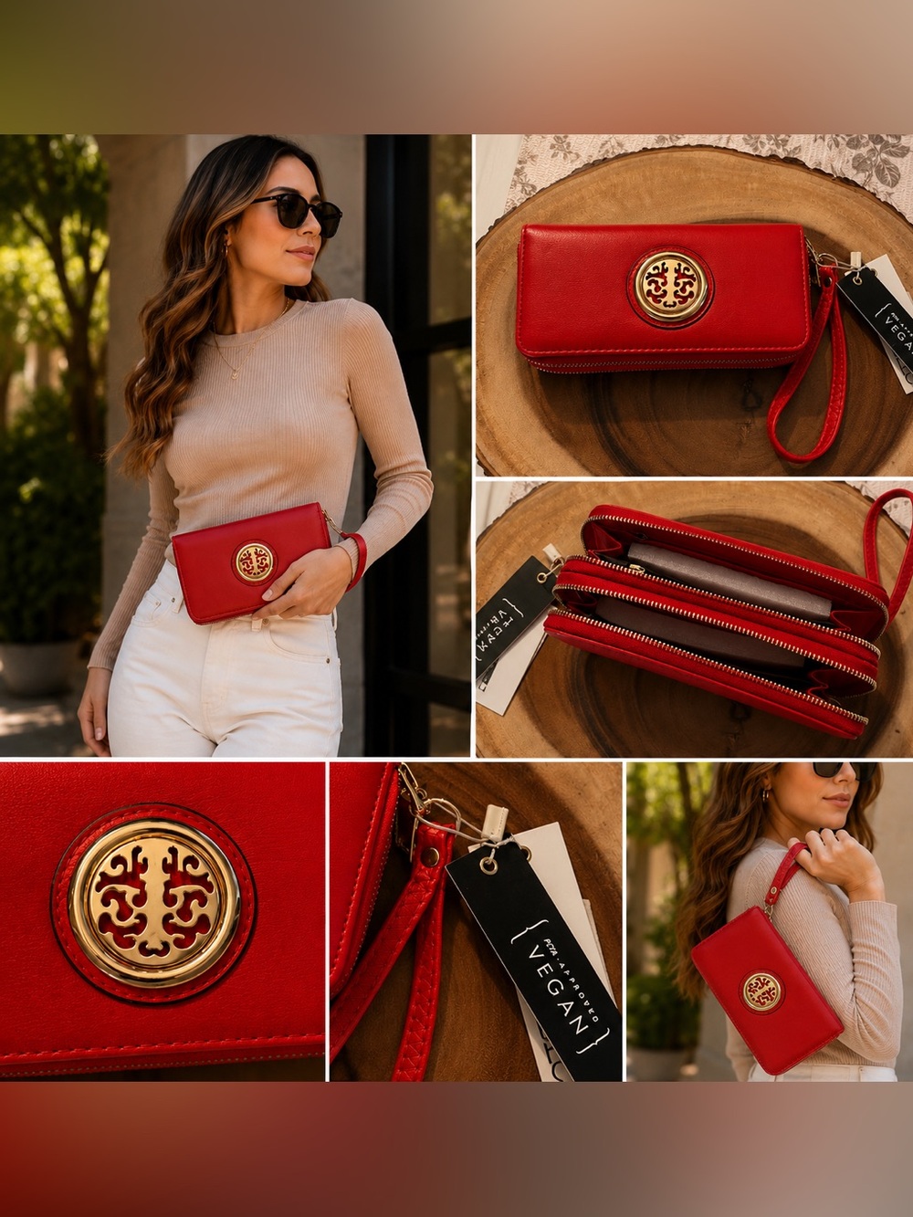 🌙✨NWT 🏷️ Isabelle Red Vegan Leather Wristlet Wallet Gold-Tone Detail - Picture 2 of 6